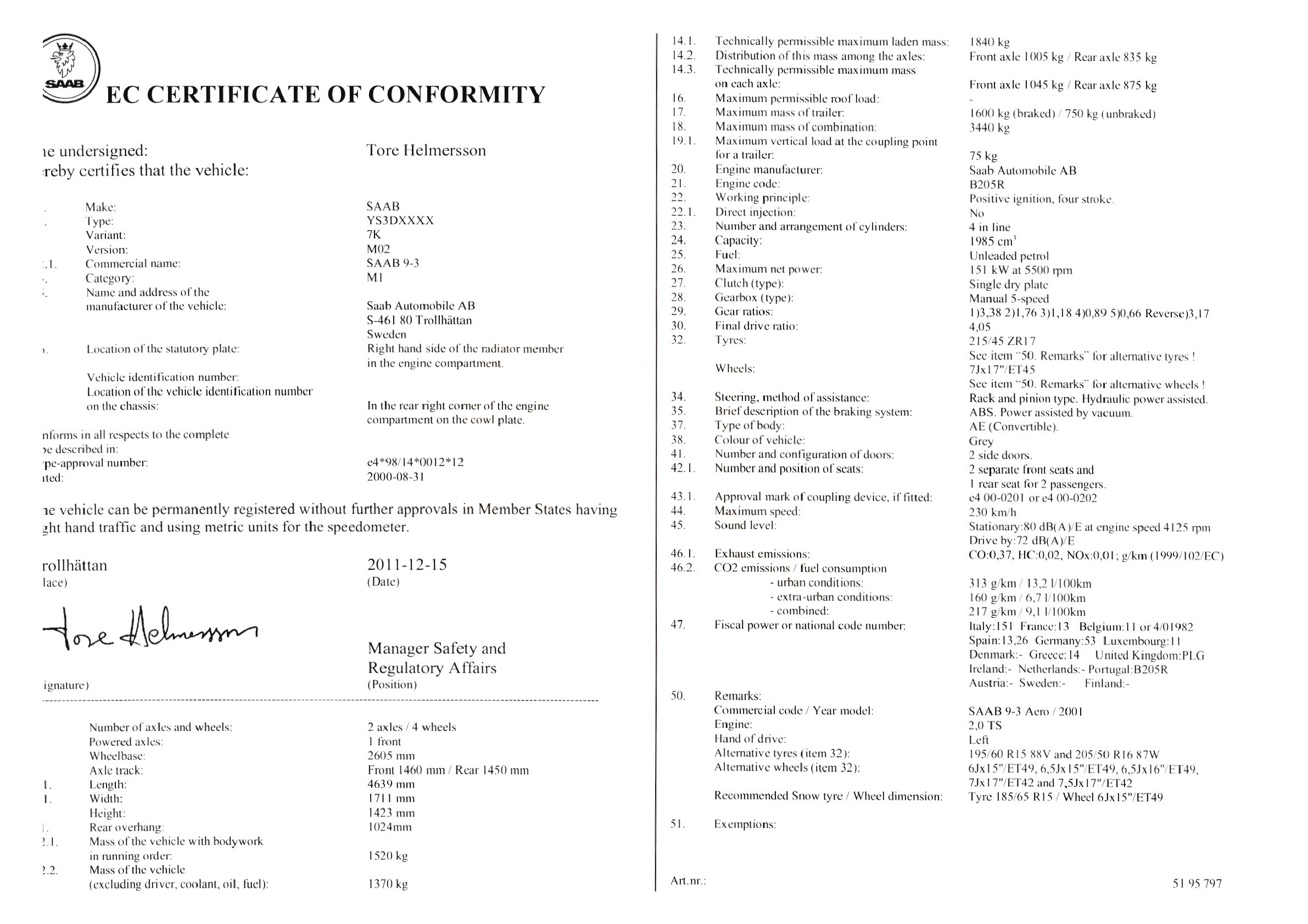 Exemple de certificat de conformité Saab