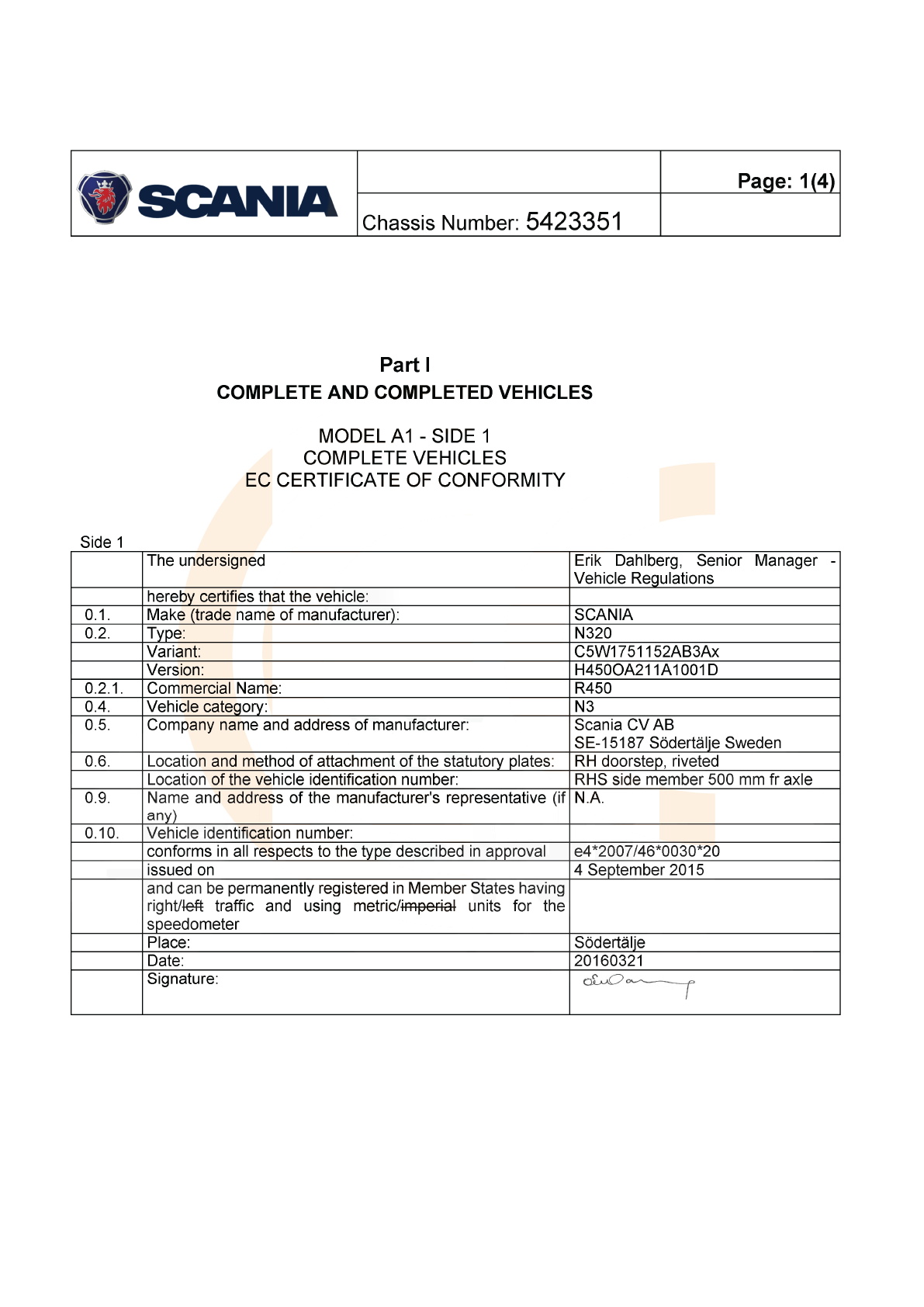 Exemple de certificat de conformité Scania