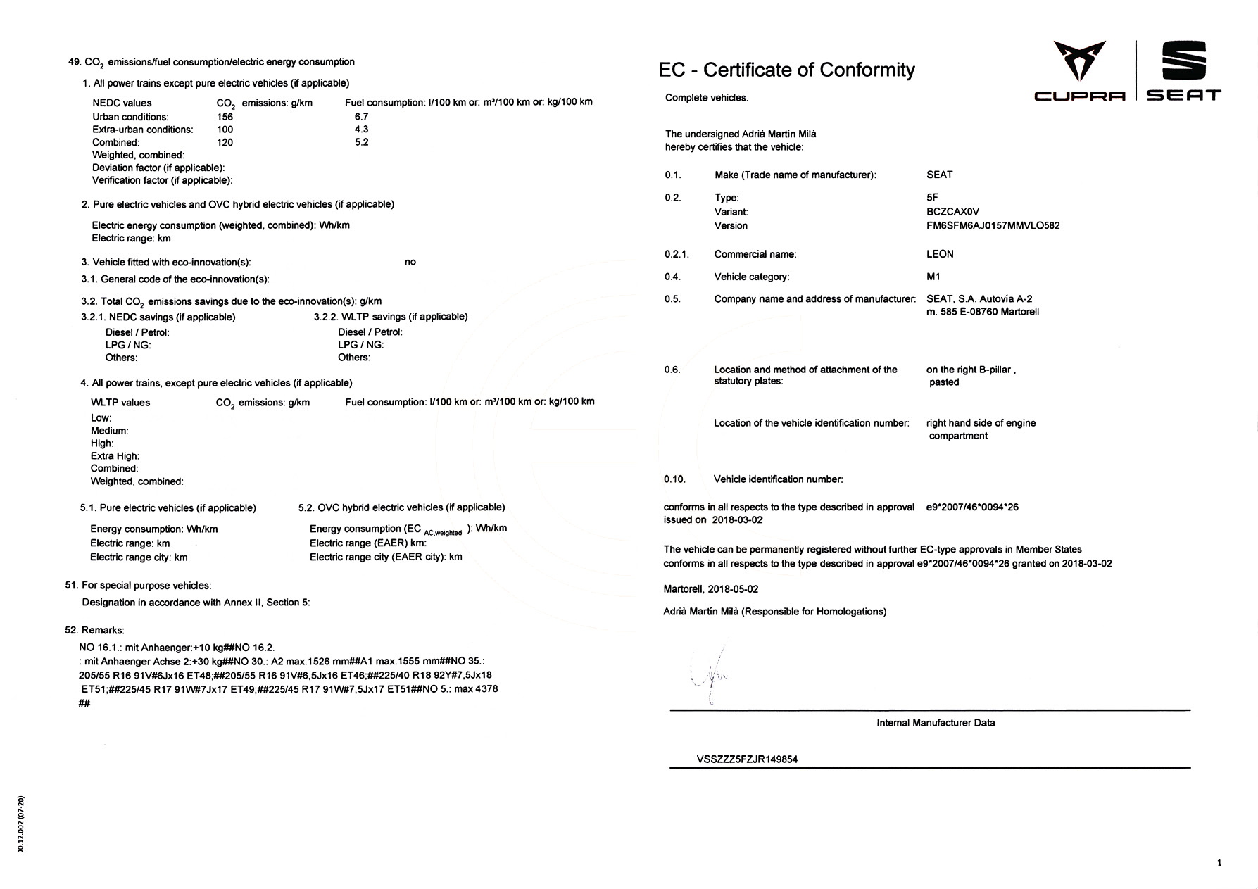 Exemple de certificat de conformité SEAT