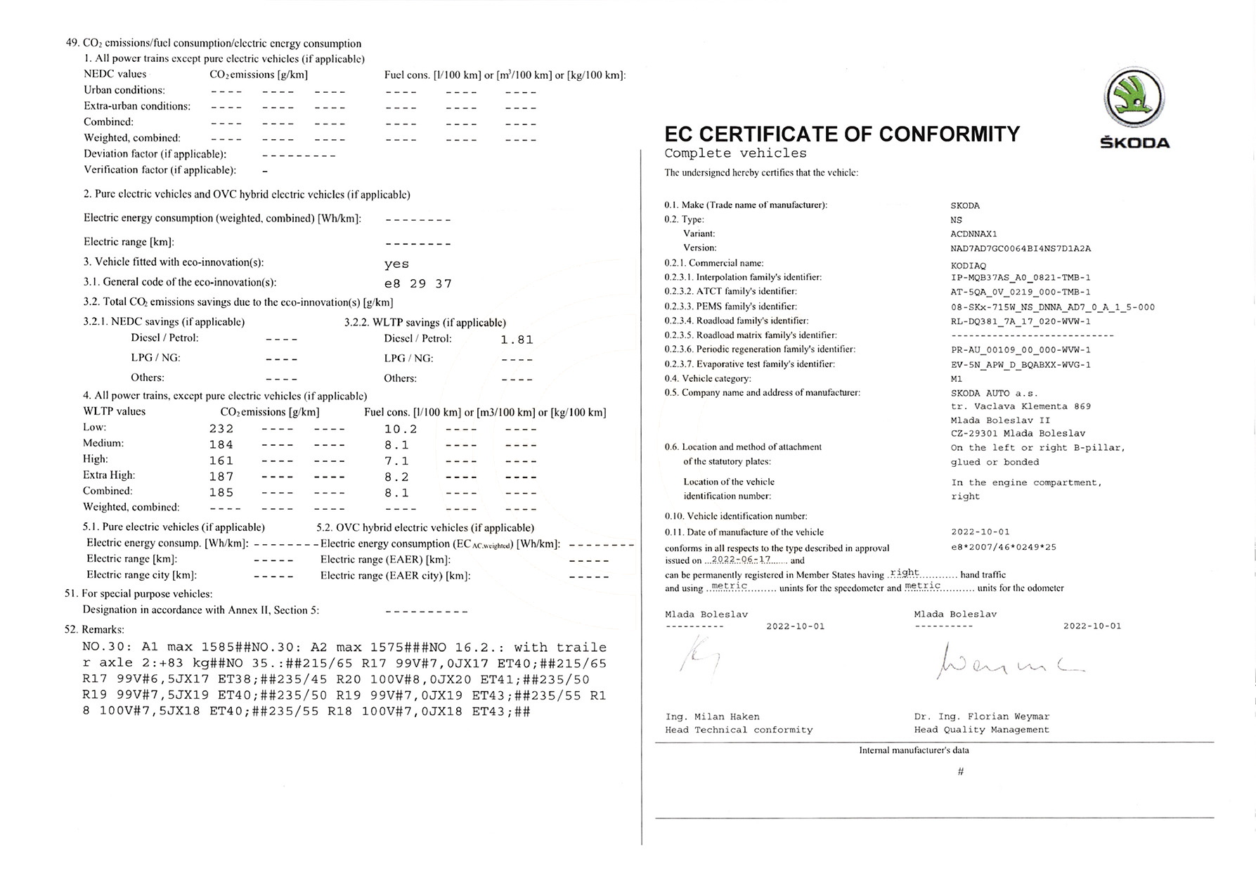 Exemple de certificat de conformité Škoda