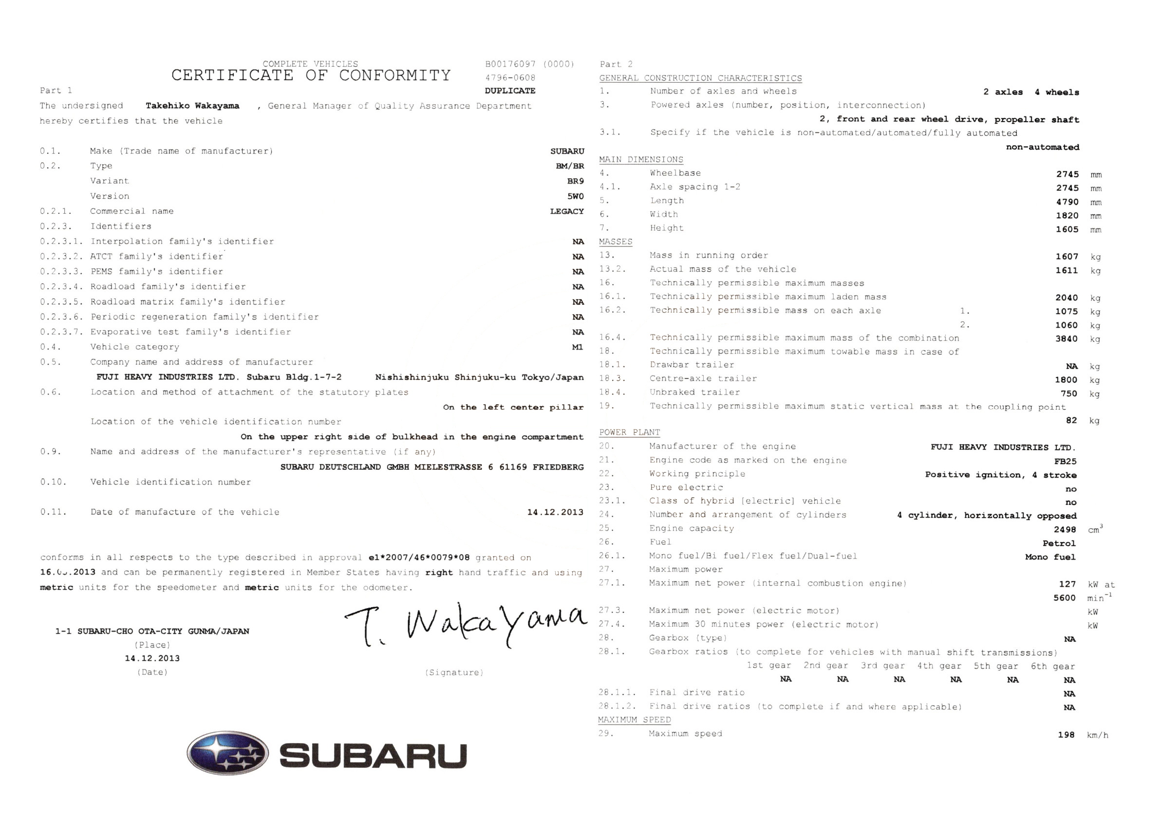 Exemple de certificat de conformité Subaru