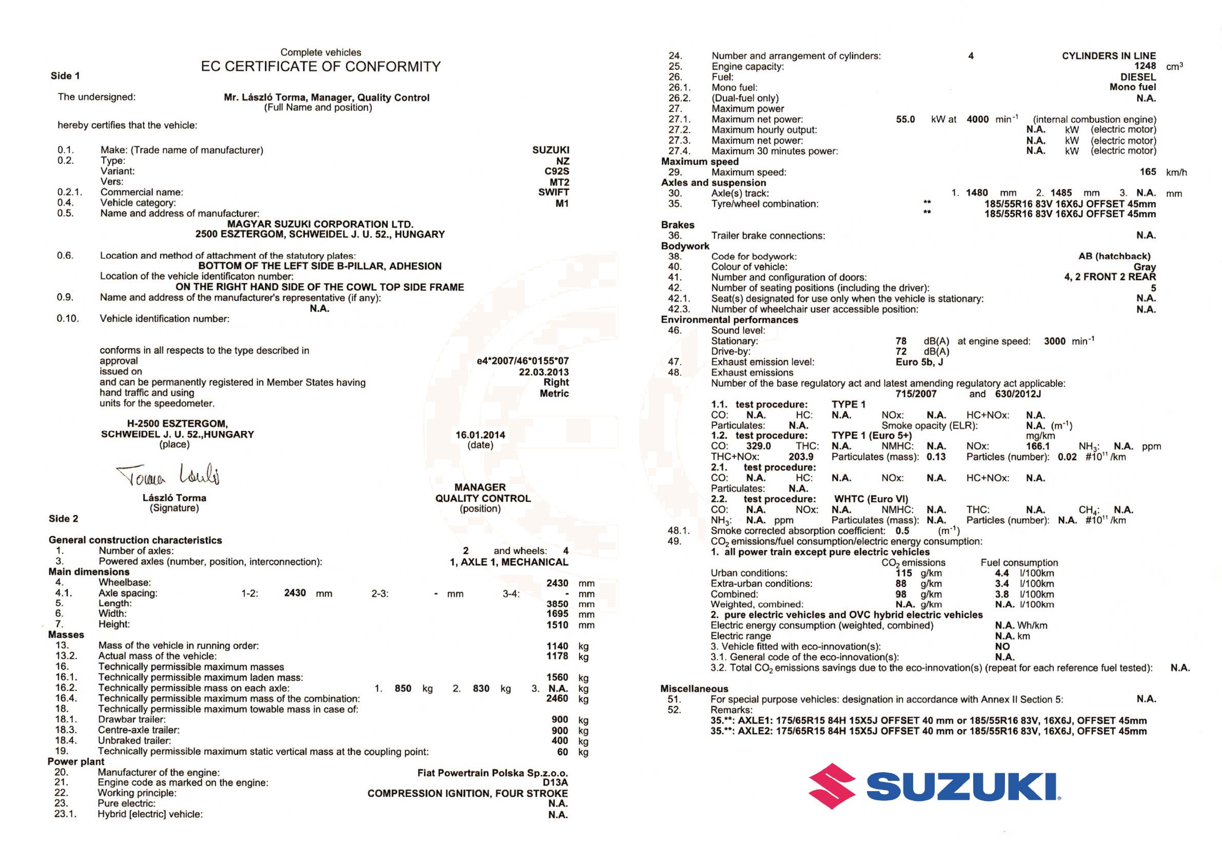 Exemple de certificat de conformité Suzuki