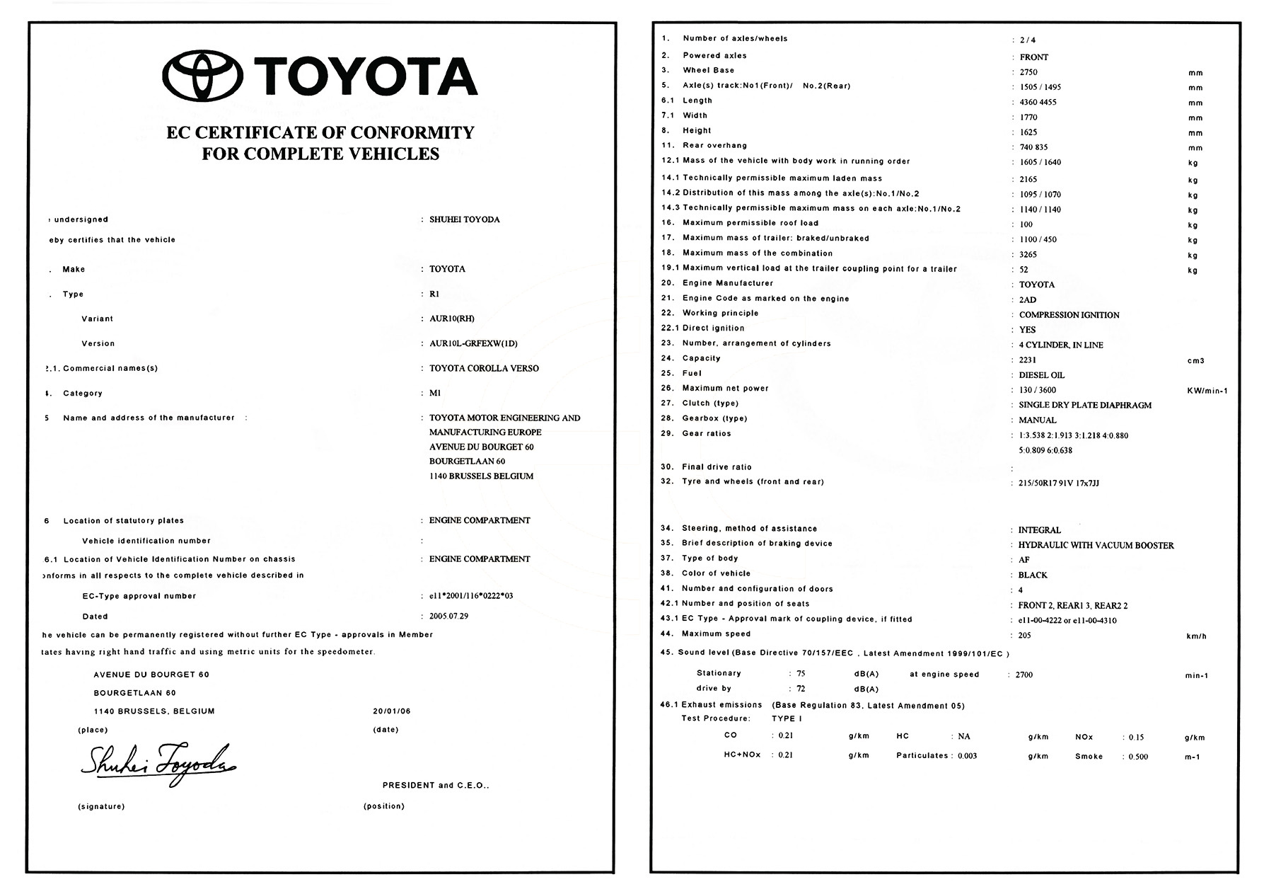 Exemple de certificat de conformité Toyota