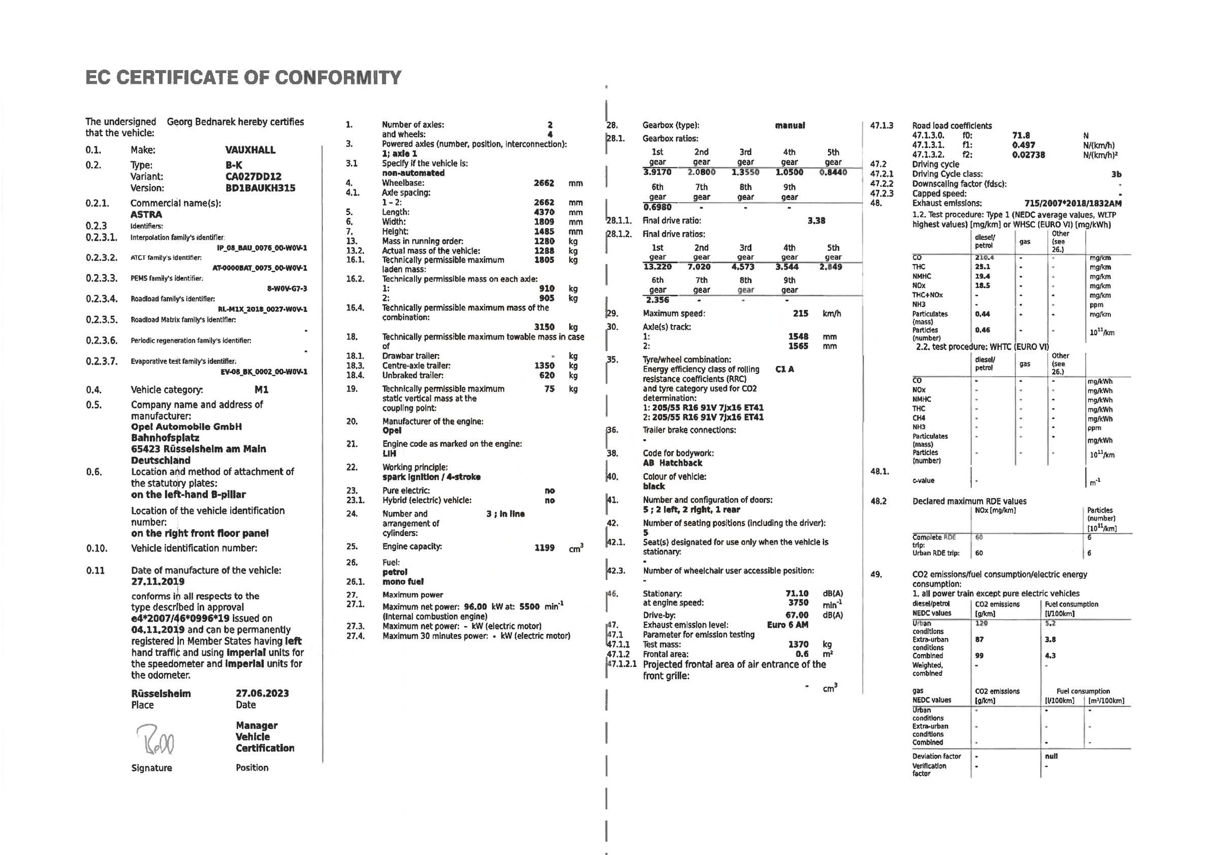 Exemple de certificat de conformité Vauxhall