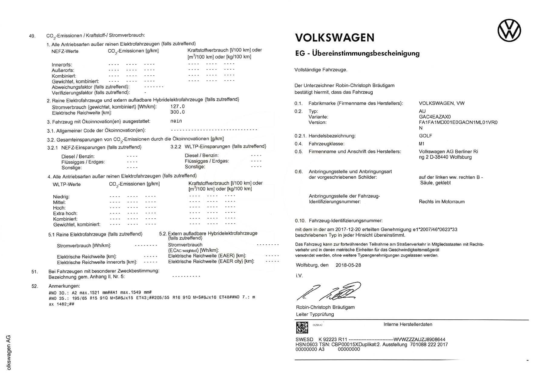 Exemple de certificat de conformité Volkswagen