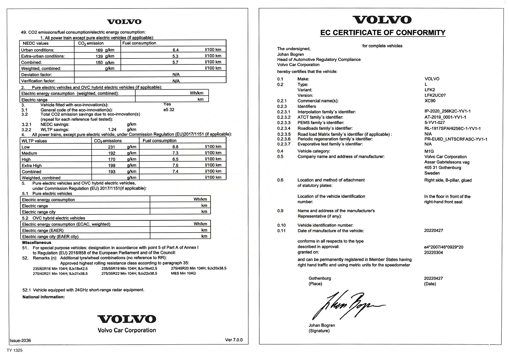 Exemple de certificat de conformité Volvo